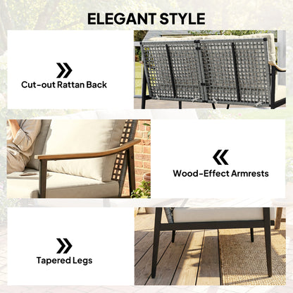2 Seater Rattan Garden Sofa | Wood-Effect Armrests | Cut-Out PE Rattan Backrest | 8cm Seat & 12cm Back Cushions | Steel Frame | 240kg | 120x75x78cm | Khaki