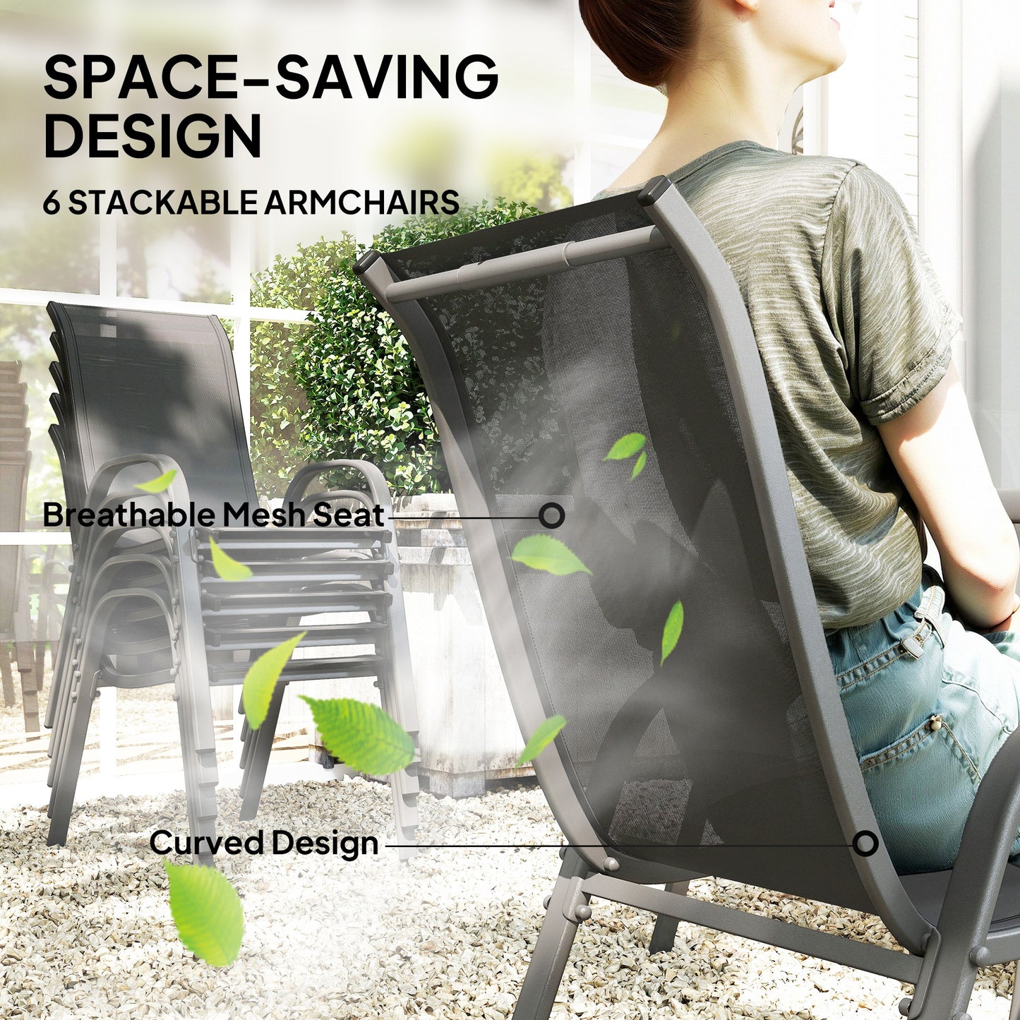 7-Piece Garden Dining Set | 6 Mesh Armchairs & Glass Table | Parasol Hole | 120kg | Charcoal Grey