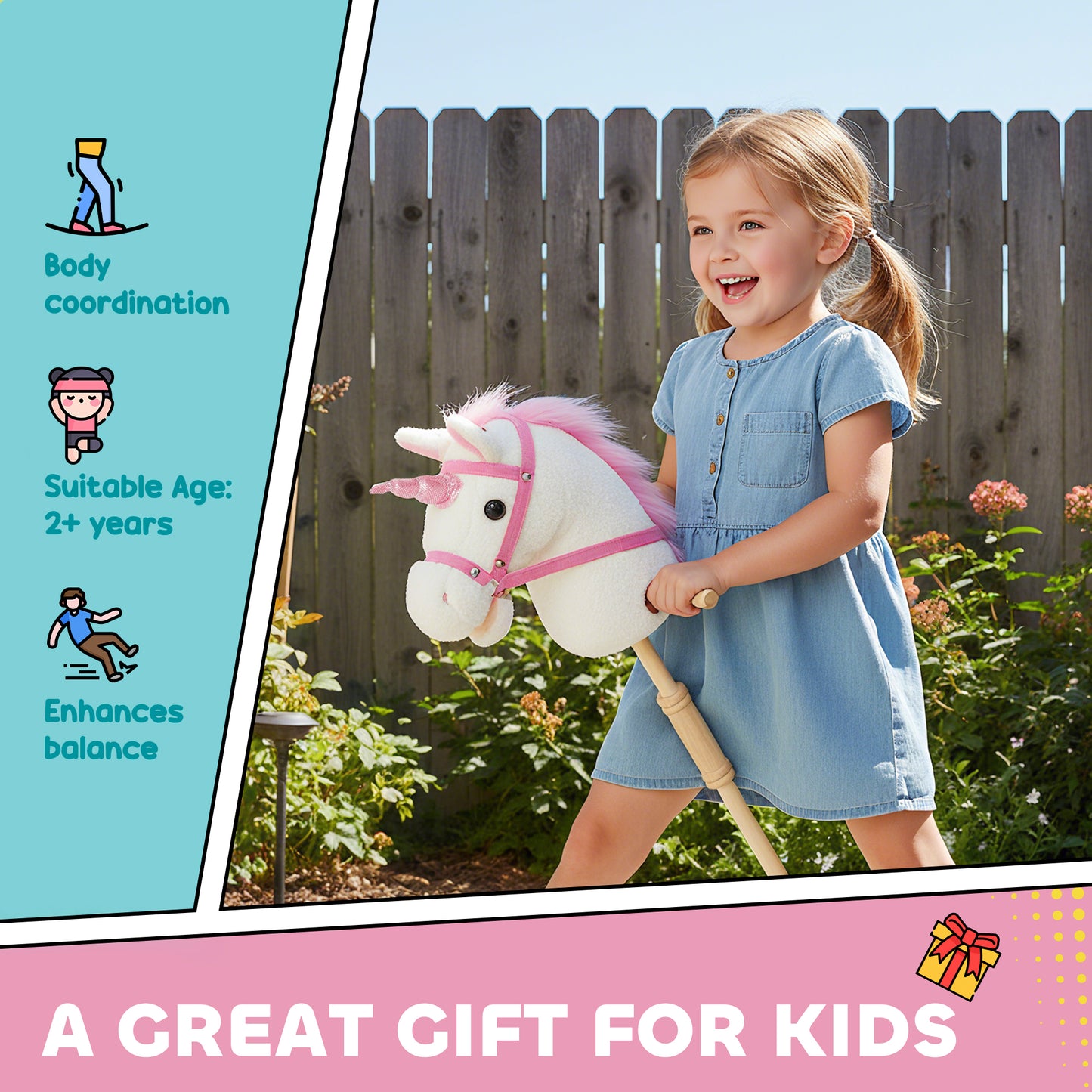 AIYAPLAY Unicorn Stick Horse with Wood Wheels, Real Pony Neighing and Galloping Sounds, Grip Handle, 95 cm, White