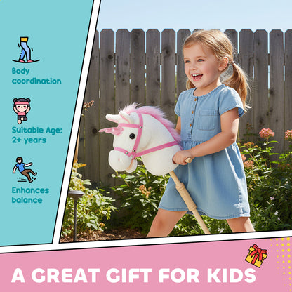 AIYAPLAY Unicorn Stick Horse with Wood Wheels, Real Pony Neighing and Galloping Sounds, Grip Handle, 95 cm, White