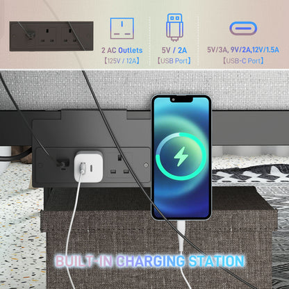 Double Bed Frame with LED Lights and Charging Station, Metal Platform Bed Frame with Under Bed Storage, Black