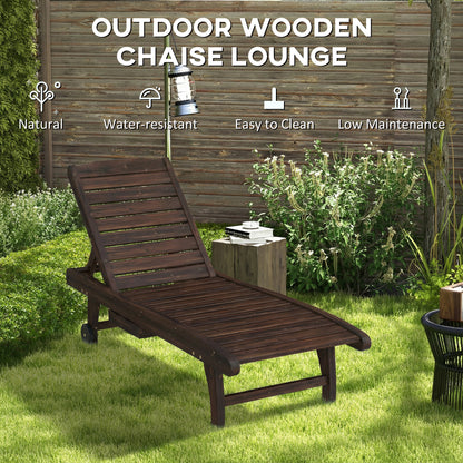 Wooden Sun Lounger | Pull-Out Side Tray | 3-Position Adjustable Backrest | Slatted Fir Wood | Wheels | 182x60cm | 113kg | Carbonised Finish