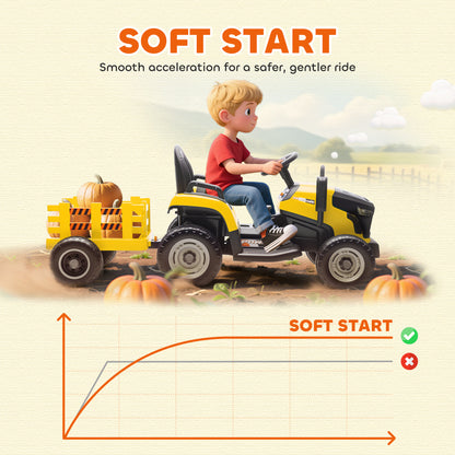 AIYAPLAY 12V Ride on Tractor and Trailer with Remote Control, Music, Shifter, Start-Up Sound, for Kids Ages 3-8 Years