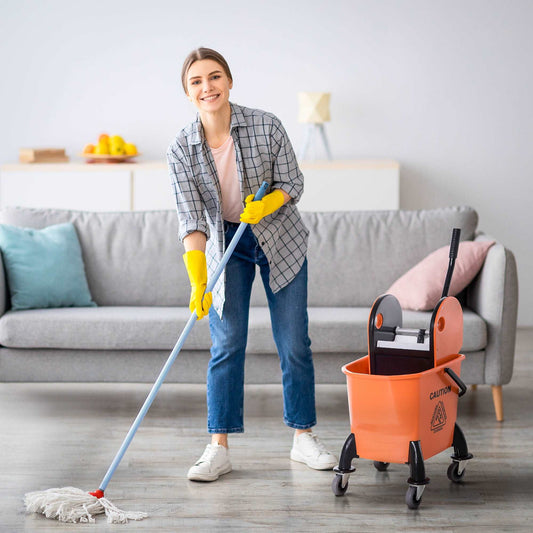 26L Mop Bucket with Wringer, Mop Bucket on Wheels with Carry Handle, Mop Holder, Plastic Body for Household, Orange