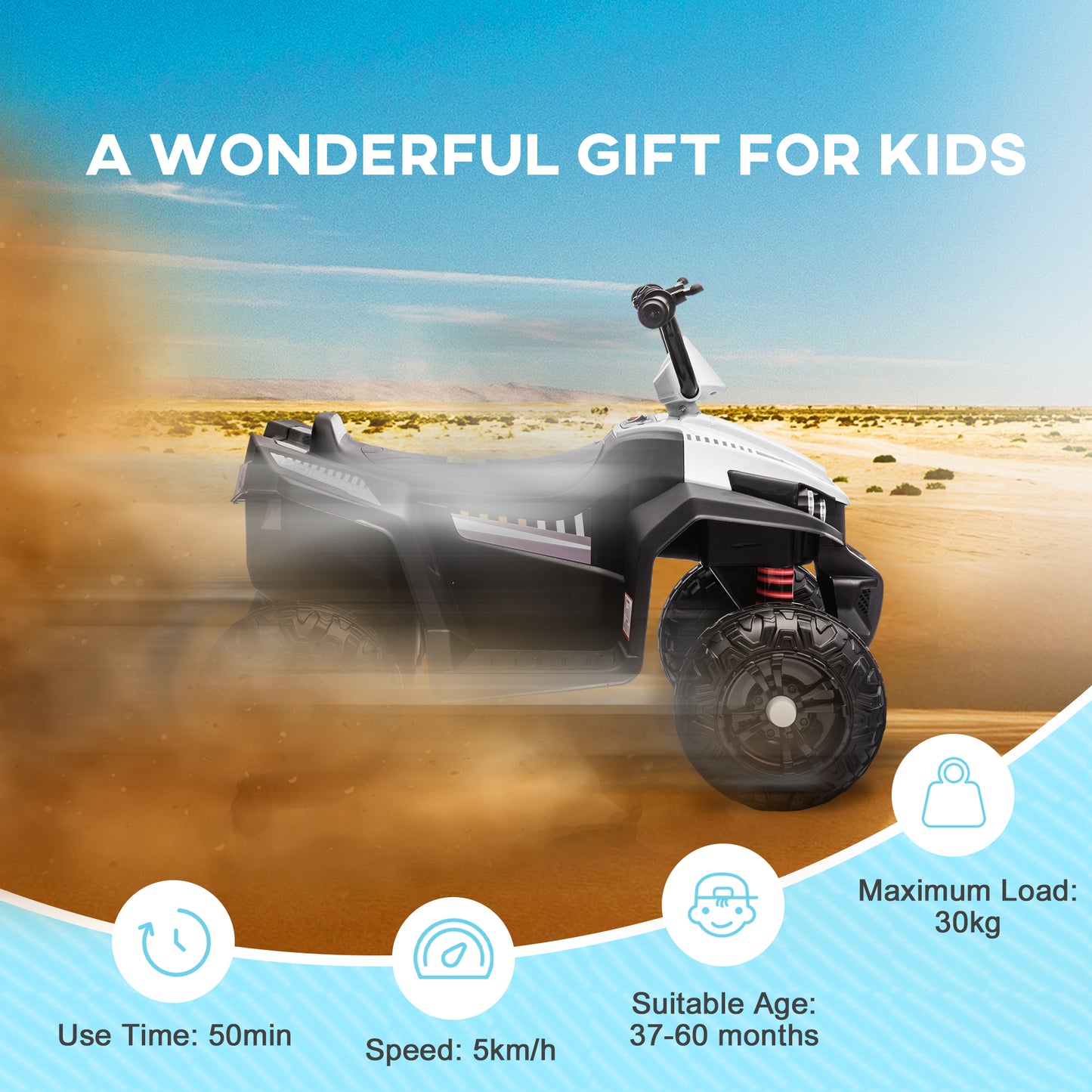 AIYAPLAY 12V Kids Electric Quad Bike w/ Spring Suspension System, Forward & Backward, LED Light, Music, MP3, White / Red