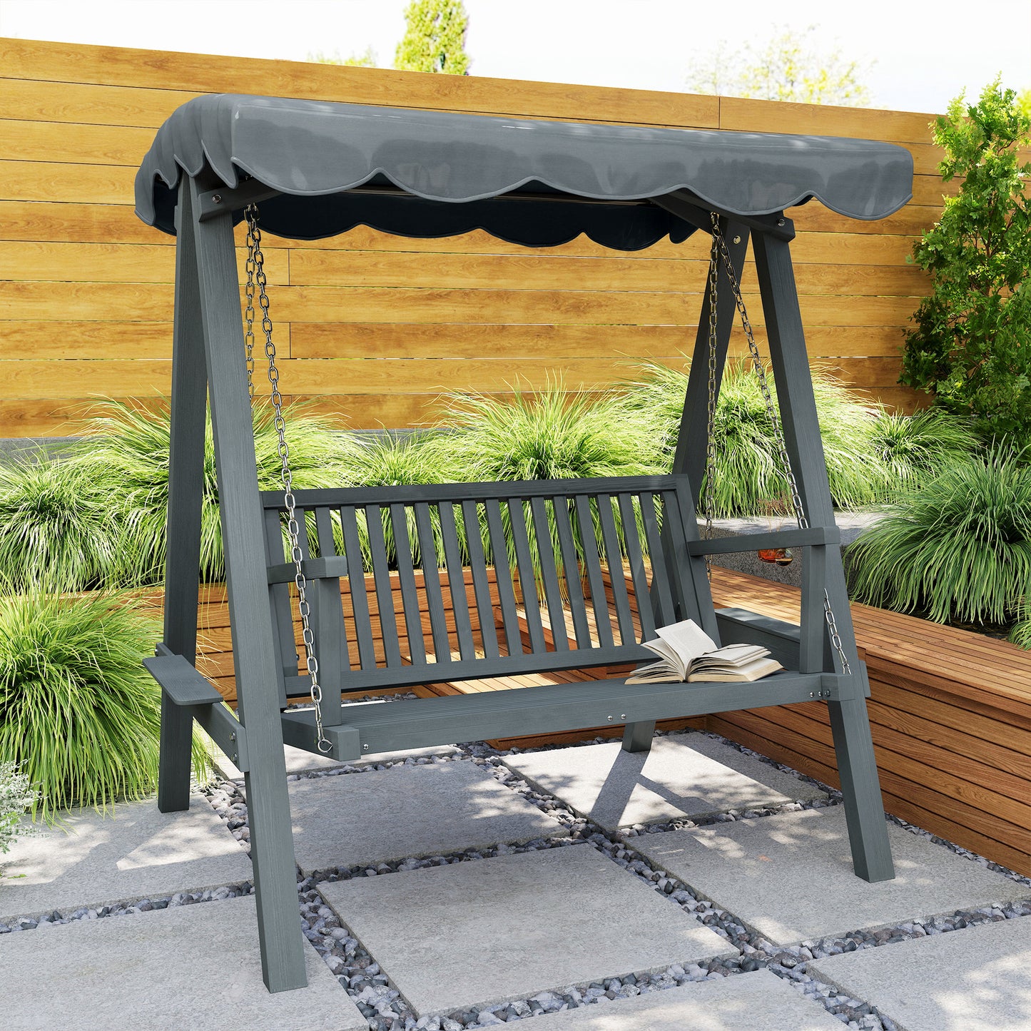 2-Seater Garden Swing Seat with Canopy | Larch Wood Frame | UV-Resistant | 240kg | Grey