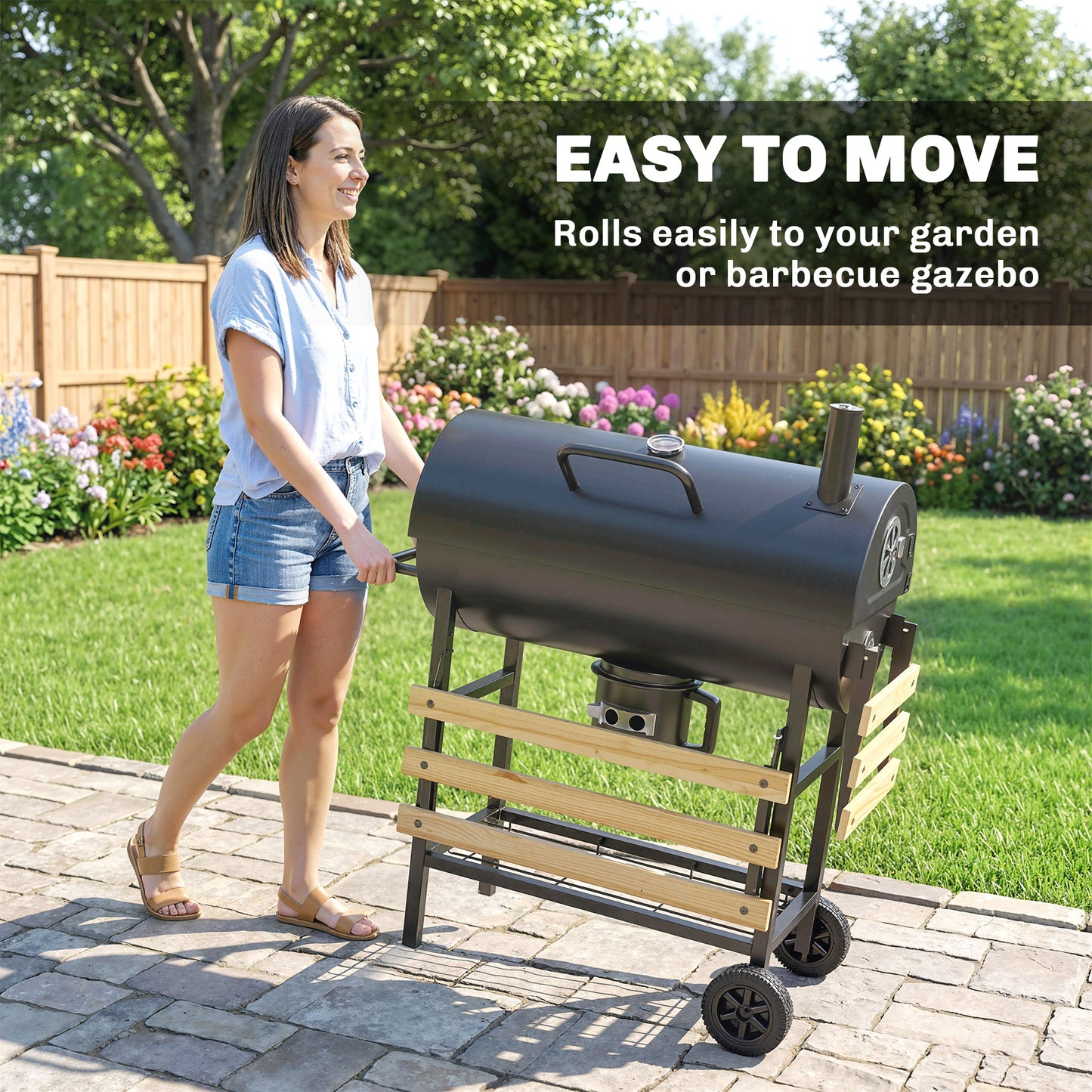 Barrel Charcoal BBQ Smoker | 2500cm² Grill | Warming Rack | Lid Thermometer | Foldable Shelves | Black