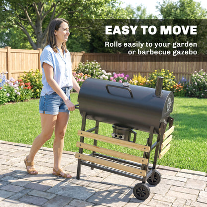 Barrel Charcoal BBQ Smoker | 2500cm² Grill | Warming Rack | Lid Thermometer | Foldable Shelves | Black