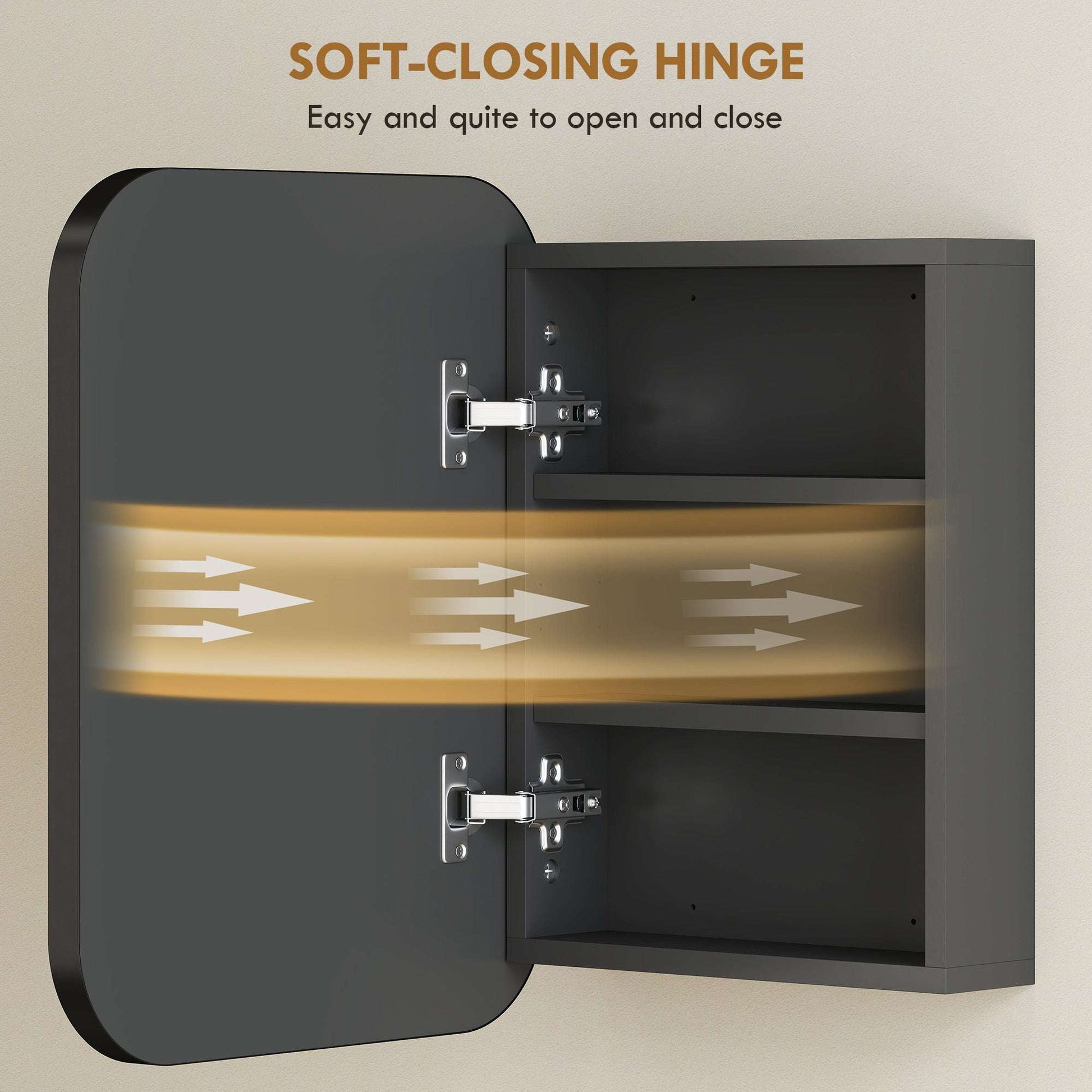 Bathroom Mirror Cabinet | Wall Mounted | 2 Adjustable Shelves | Soft Close Hinges | Arc Mirror | 40x10x51cm | 6kg | Black