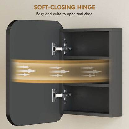 Bathroom Mirror Cabinet | Wall Mounted | 2 Adjustable Shelves | Soft Close Hinges | Arc Mirror | 40x10x51cm | 6kg | Black