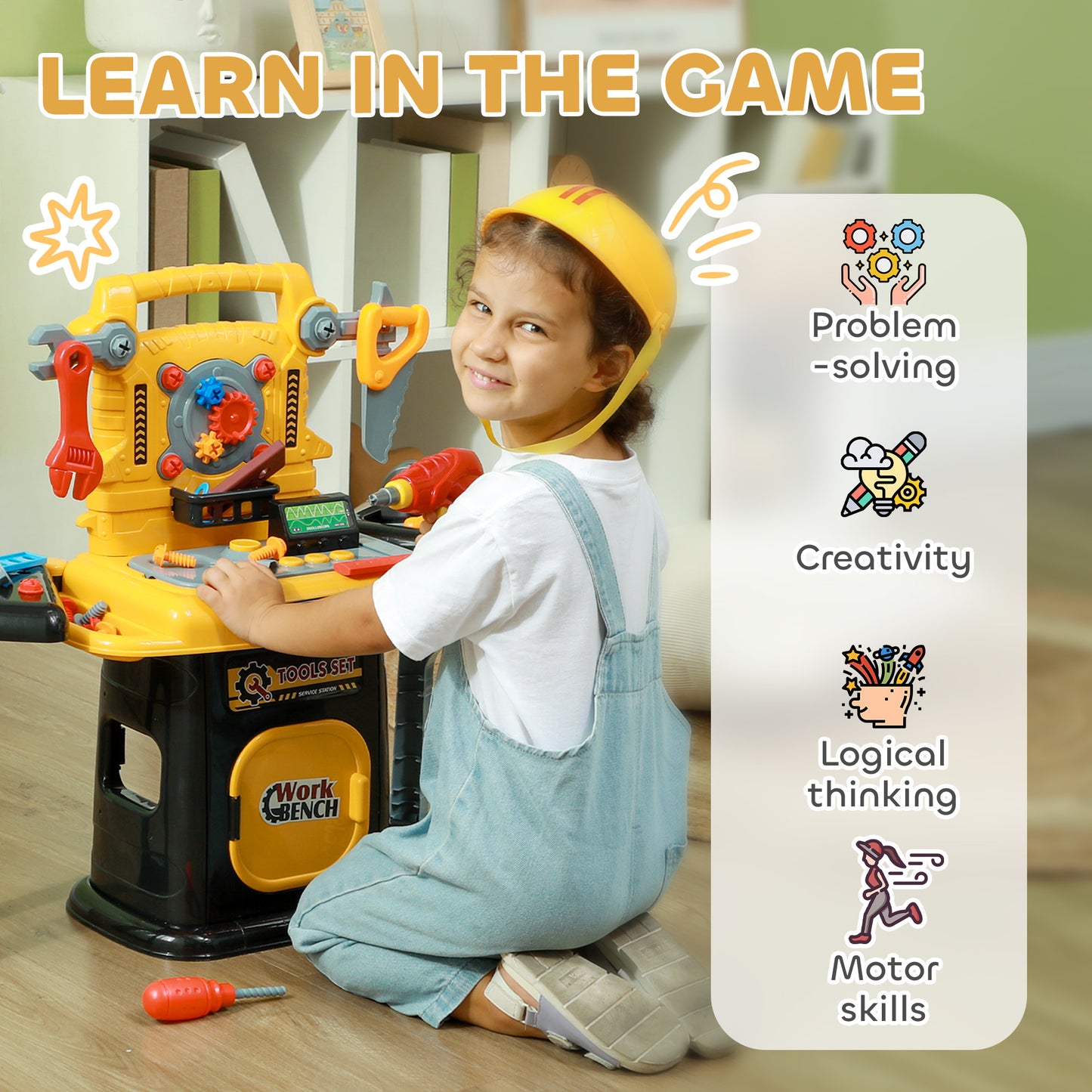 AIYAPLAY 102 Piece Kids Tool Bench with Electric Drill, Storage, for Ages 3-6, Yellow