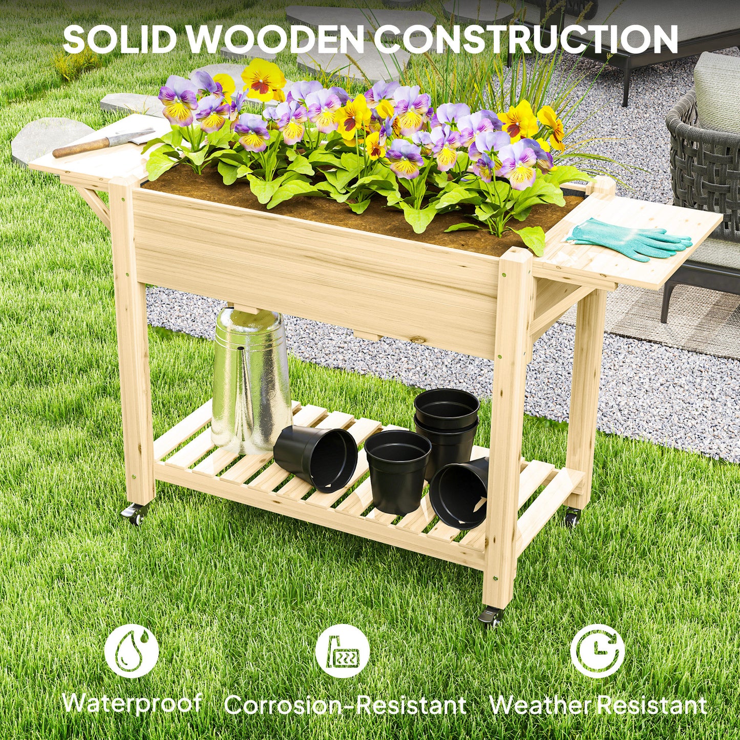 Outsunny Raised Garden Bed, Wooden Elevated Planter Box with Lockable Wheels, Side Tables and Bottom Shelf, Outdoor Planter with Liner and Drainage Holes for Vegetables, Flowers, Fruits