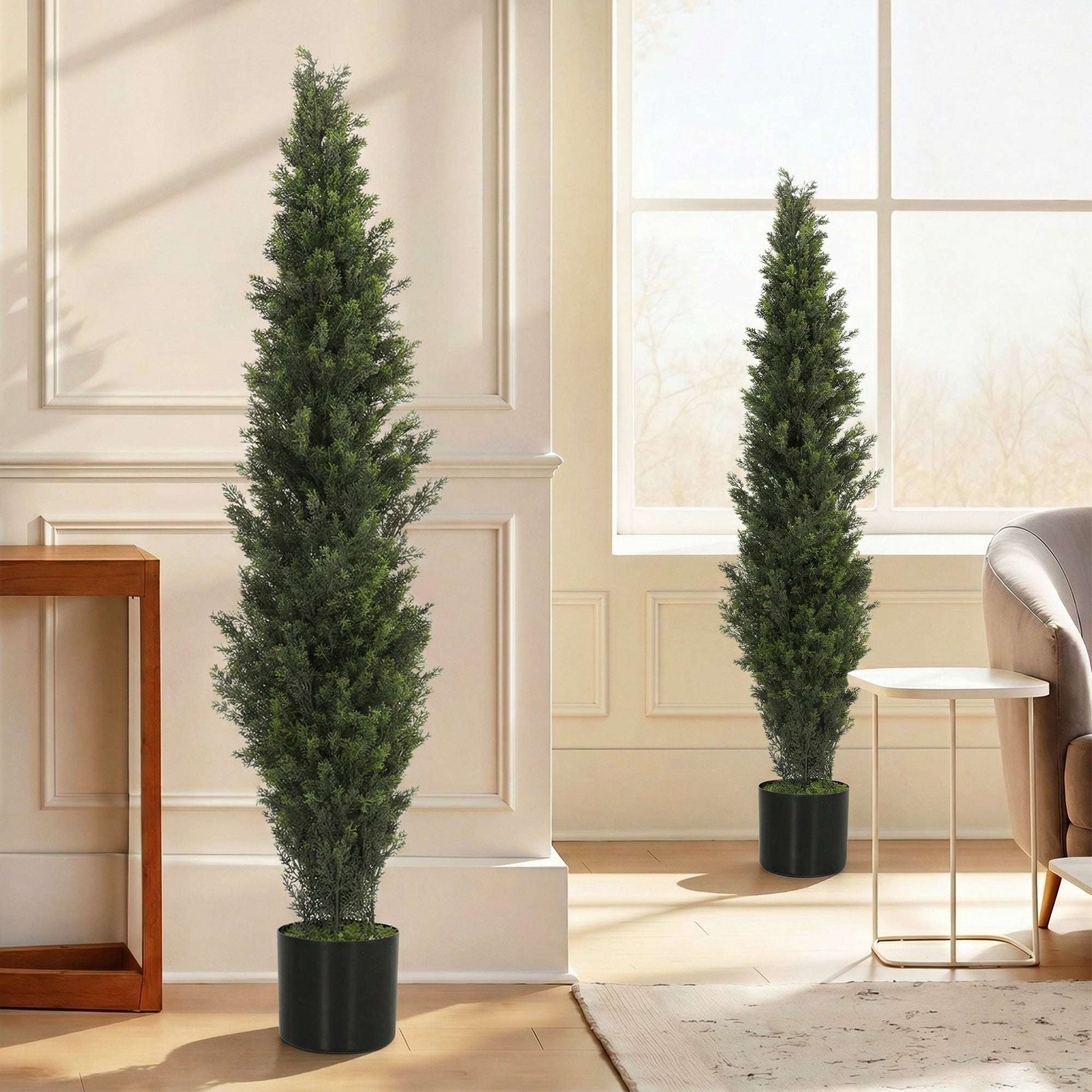 Set of 2 Artificial Cypress Trees | 150cm | 2035 PE Leaves | Shapeable Branches | Cement Base | No Maintenance | Green