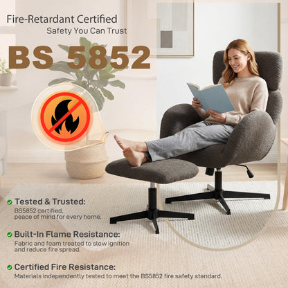 Swivel Armchair and Footstool Set, Height Adjustable Accent Chair with Adjustable Headrest, Rocking Function