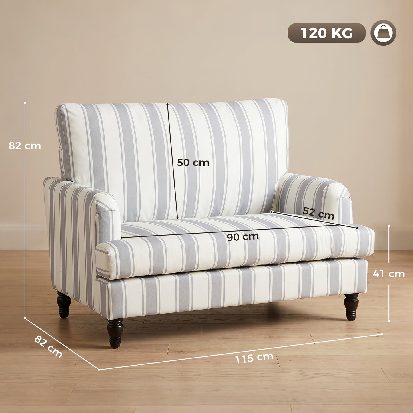 Velvet Accent Armchair | Stripe Design | Turned Rubberwood Legs | 12cm Seat Cushion | 24cm Back Cushion | Wide 90cm Seat | 120kg | 115x82x82cm | Grey & Black
