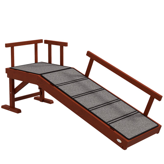 Wooden Dog & Cat Ramp | 3 Removable Guardrails | Non-Slip Carpet | 20° Gentle Slope | 125cm | 30kg | Brown