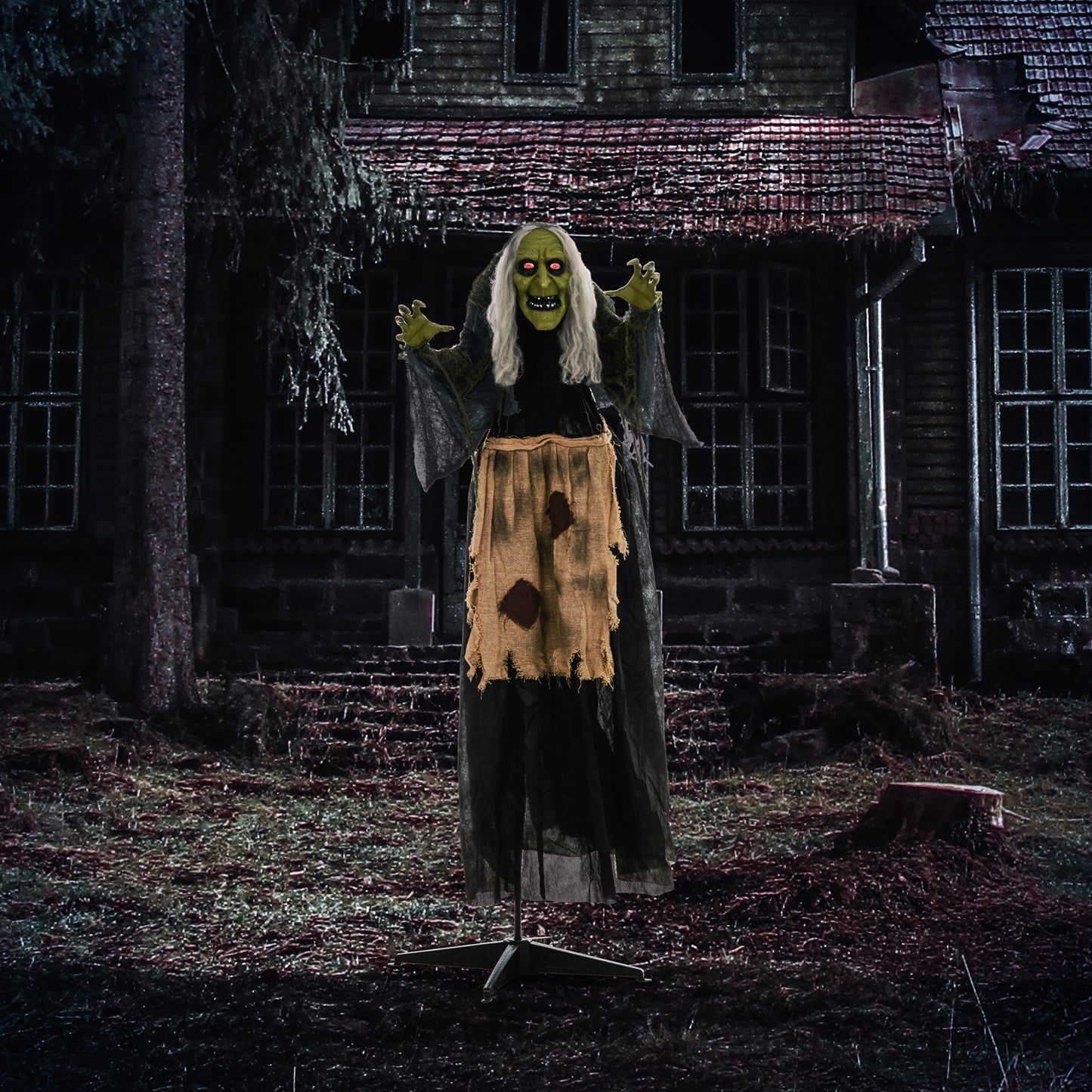 160cm 63" Witch Outdoor Halloween Decoration, Halloween Animatronic with Sound Activated, Light Up Eyes, Sound Effects, Animated Prop for Haunted House