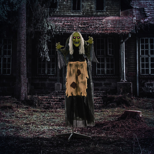 160cm 63" Witch Outdoor Halloween Decoration, Halloween Animatronic with Sound Activated, Light Up Eyes, Sound Effects, Animated Prop for Haunted House