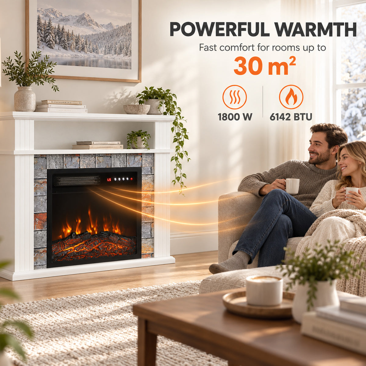 Electric Fireplace Suite | 1800W White Fire & Surround | Open Storage Shelf | Adjustable LED Flames | Remote & 8-Hour Timer