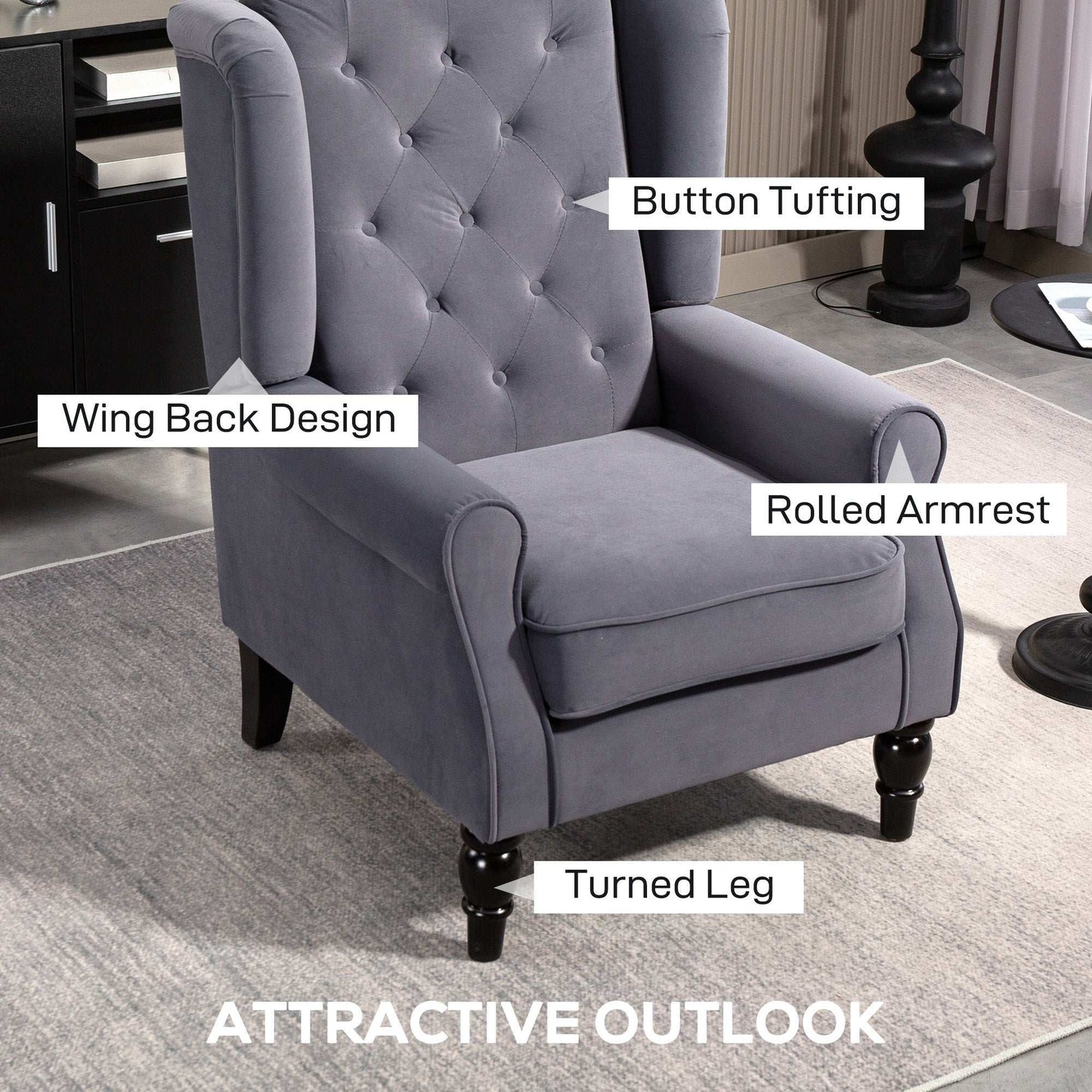 Retro Vintage Style Wingback Accent Chair, Upholstered Button Tufted Occasional Chair for Living Room and Bedroom, Charcoal Grey