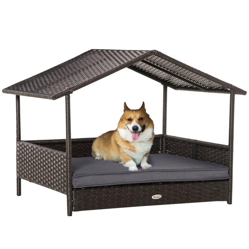 PawHut Wicker Dog House, Rattan Pet Bed, with Removable Cushion, Canopy, for Small and Medium Dogs - Cream