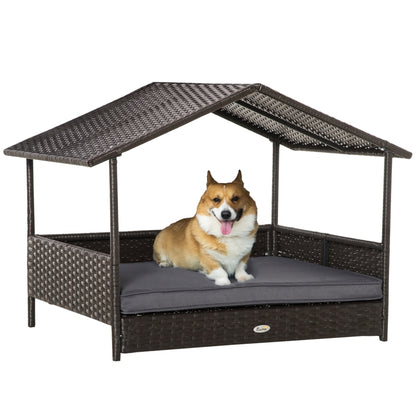 PawHut Wicker Dog House, Rattan Pet Bed, with Removable Cushion, Canopy, for Small and Medium Dogs - Cream