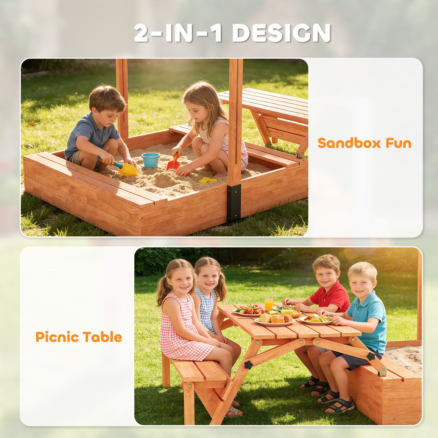 Kids Sand Pit with Canopy & Picnic Table – Fits 6 Children, 265kg Sand Capacity, UV-Proof Adjustable Canopy, Solid Fir Wood, EN71 Tested, Ages 3–8