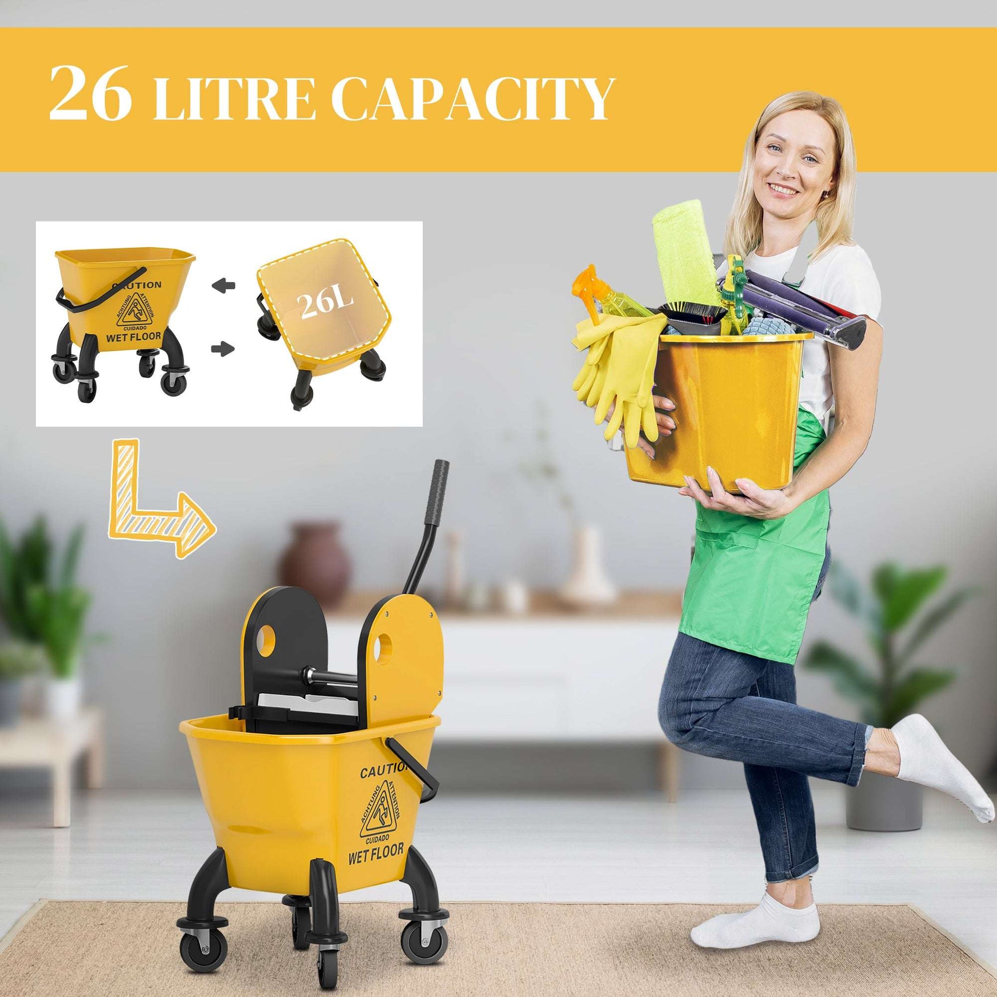 26 Litre Mop Bucket, with Wringer and Mop - Yellow