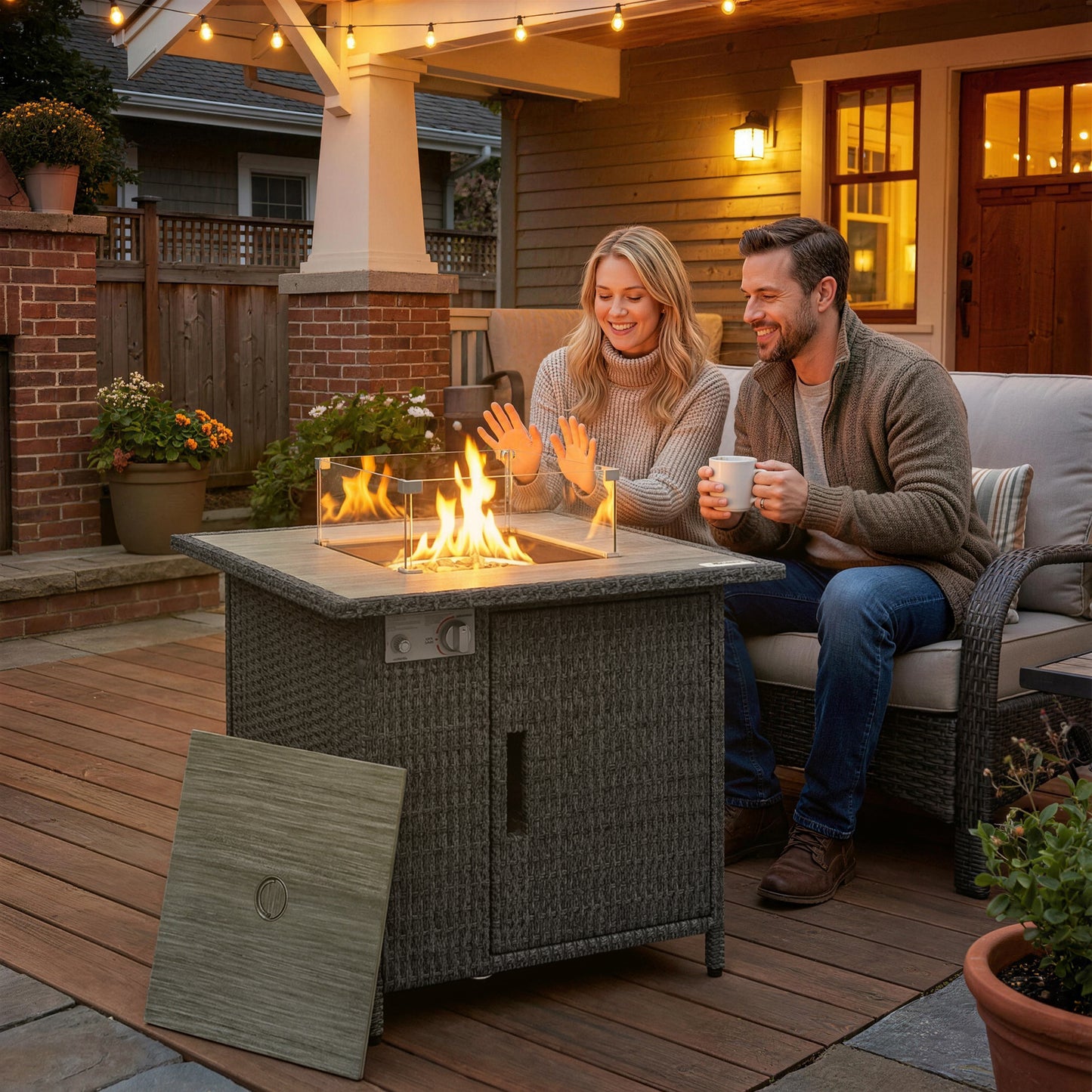 Rattan Gas Fire Pit Dining Table | 50,000 BTU 14.5KW Smokeless Burner | Adjustable Flame | Glass Wind Guard & Spark Mesh | Rain Cover | Lava Rocks | Lid | 71x71x62cm | Dark Grey
