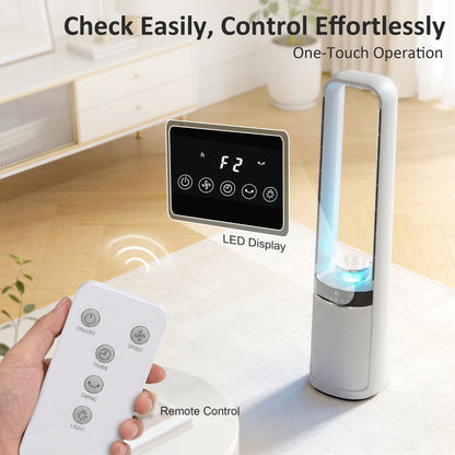 Bladeless Tower Fan | 36dB Sleep Mode | 4-Colour LED & Breathing Mode | 45° Oscillation | 3 Speeds | 12H Timer | 5m Remote | Washable Filter | 85W | 20.6x21.4x93.3cm | White