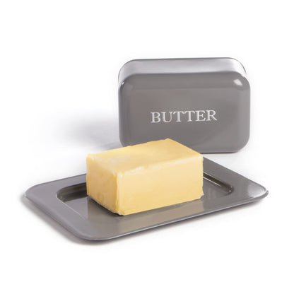 Maison & White Butter Dish with Lid | Grey Enamel-Coated Steel | Vintage-Style Covered Serving Tray | 20 × 14.5 × 7.5cm