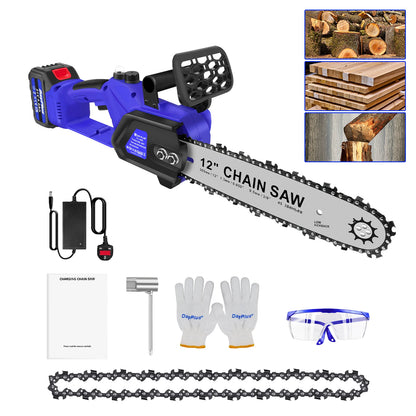 Brushless 12" Electric Chainsaw 21V Cordless Handheld Saw, 4.0Ah Battery, Charger, 2 Chains, Auto Chain Lubrication, UK