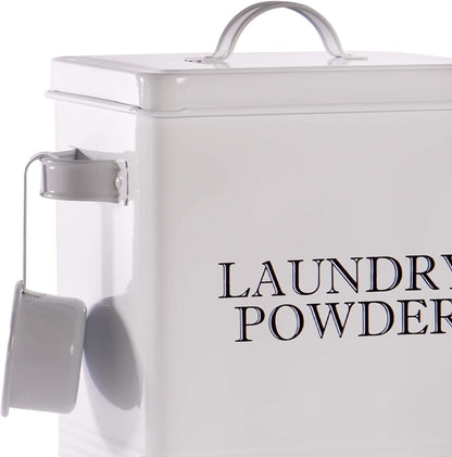 Laundry Powder Storage Tin | Powder-Coated Steel | Secure Lid | Side Carry Handles | 83.5ml Scoop Included | 26x20x15cm | 2-Year Warranty | White