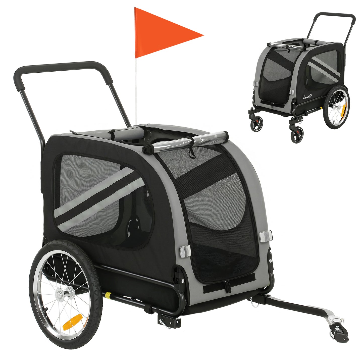 2-in-1 Dog Bike Trailer & Stroller | Mesh Windows | Plastic Curtain | Safety Harness, Flag & Reflectors | Foldable Quick-Release Wheels | Dogs up to 20kg | Grey