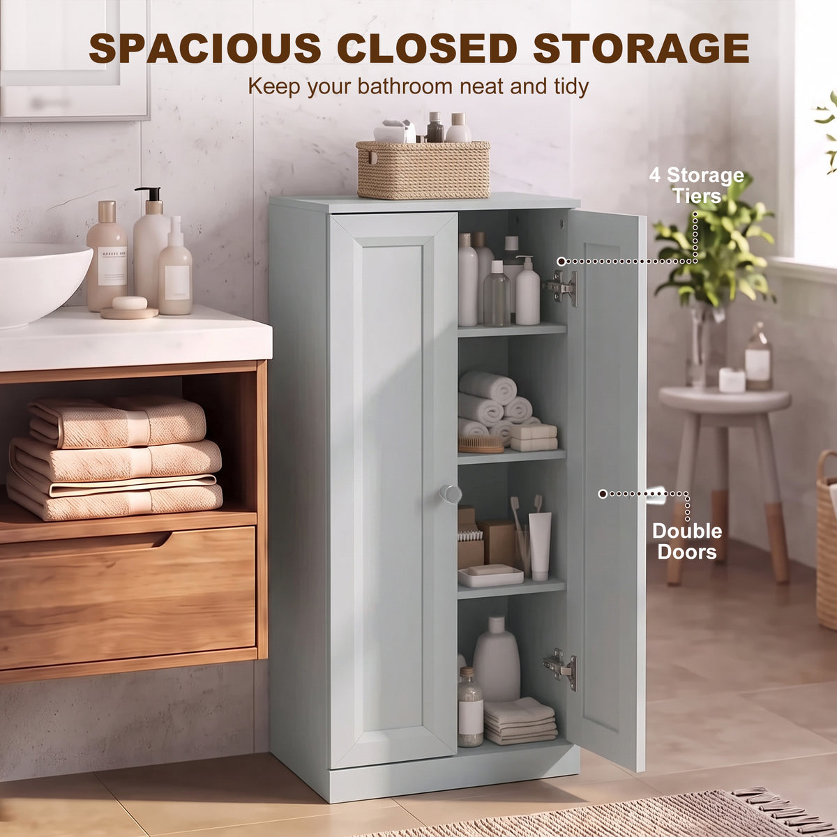 Narrow Bathroom Cabinet | Light Blue | Particleboard MDF | 38x26x97cm | 2 Doors 4 Tiers | Soft-Close Hinges | Anti-Tip | 20kg | Nordic Style | Freestanding Slim Cupboard