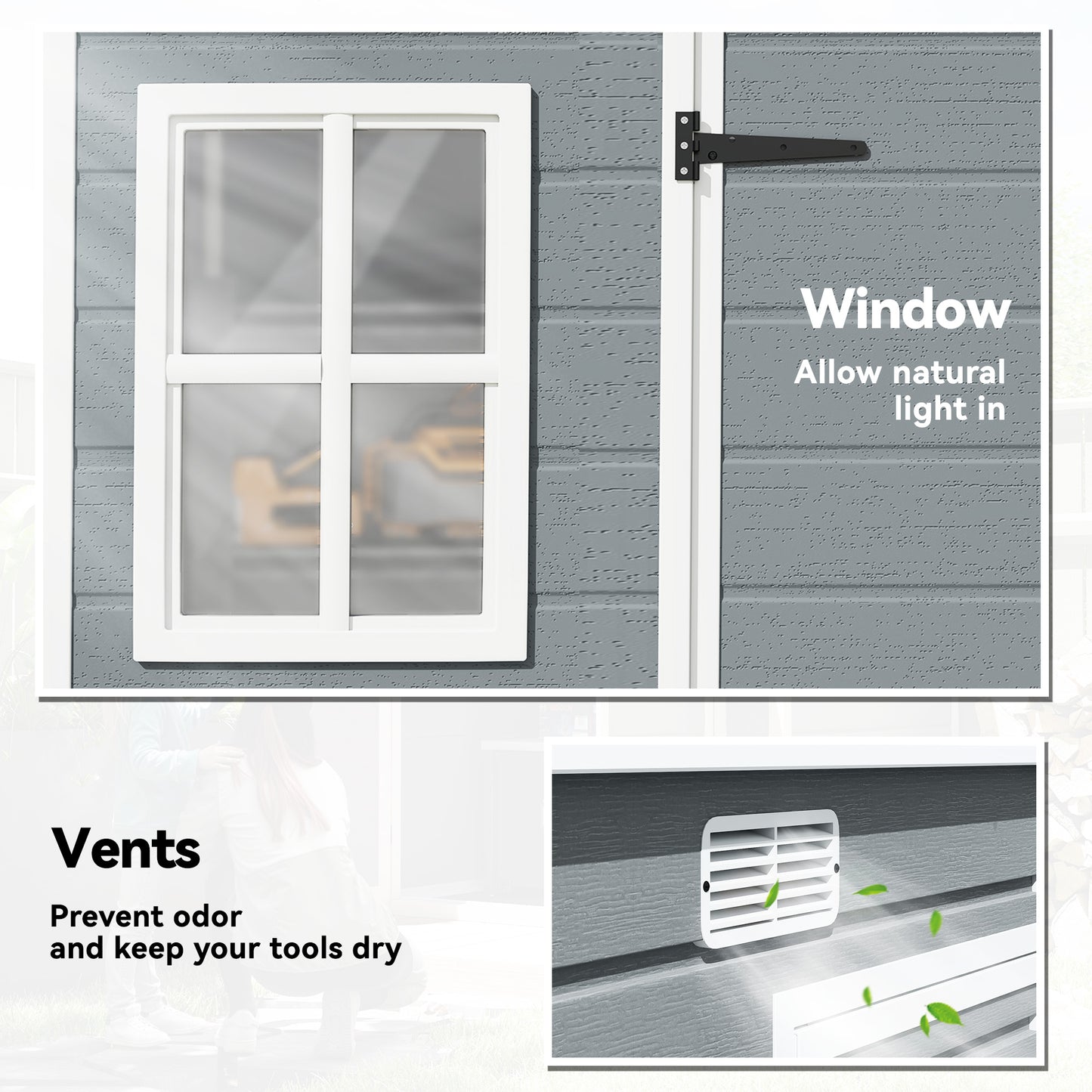 Large PP & Aluminium Garden Storage Shed | Built-In Floor | Double Doors | Lock & Keys | 2 Windows | 2 Vents | UV-Resistant | 40kg/m² Snow Load | 303x123x197cm | 3.2m² | Mowers Bikes & Tools | Grey
