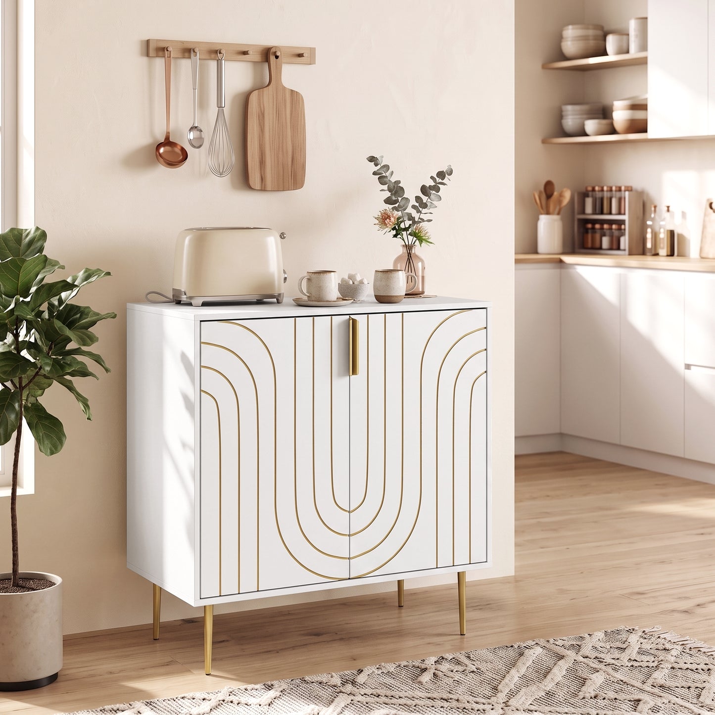 Modern Sideboard Storage Cabinet | Geometric Carved Doors | Adjustable Shelf | Copper-Tone Legs & Handles | Anti-Tip | 50kg | 78x40x88cm | White