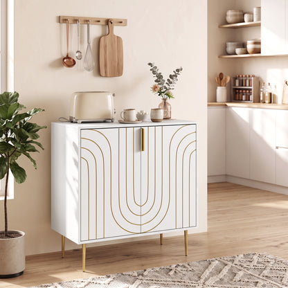 Modern Sideboard Storage Cabinet | Geometric Carved Doors | Adjustable Shelf | Copper-Tone Legs & Handles | Anti-Tip | 50kg | 78x40x88cm | White