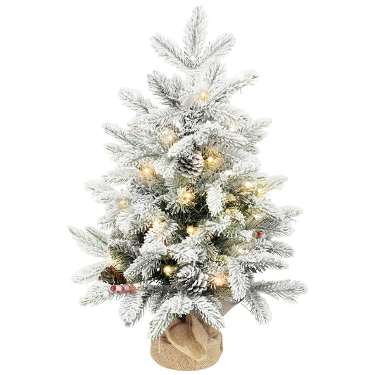 60 cm Prelit Small Christmas Tree with 35 LED Lights, Snow Flocked Tabletop Mini Xmas Tree with Pine Cones, Berry Clusters and Linen Cover Base, Battery Operated, Green