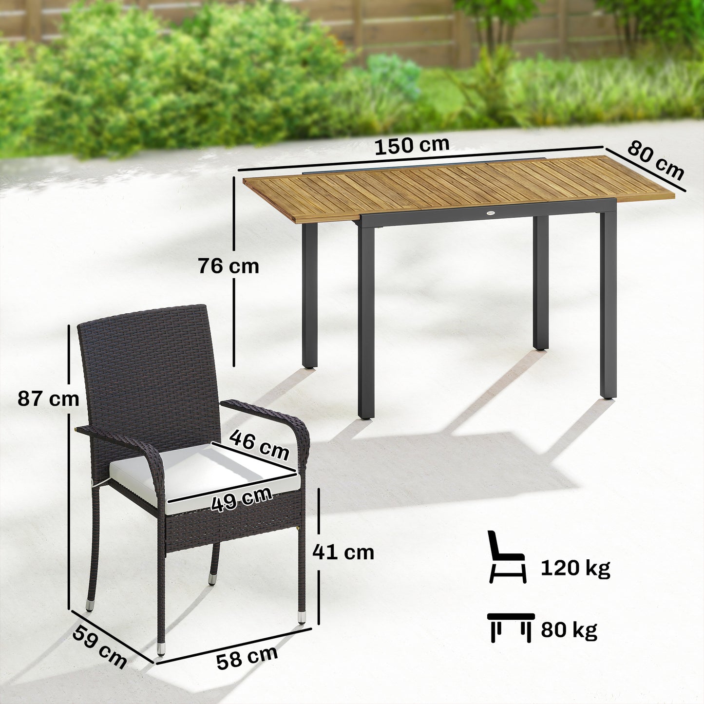 7-Piece Rattan Garden Furniture Set | 6 Seater | Extendable Acacia Wood Table 100-150cm | 6 Stackable High-Back Armchairs | Washable Cushion Covers | PE Rattan & Steel Frame | Cream