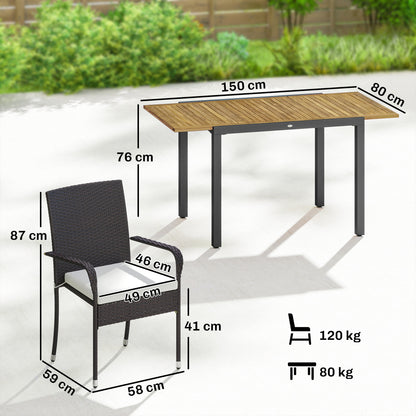7-Piece Rattan Garden Furniture Set | 6 Seater | Extendable Acacia Wood Table 100-150cm | 6 Stackable High-Back Armchairs | Washable Cushion Covers | PE Rattan & Steel Frame | Cream