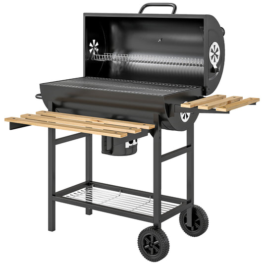 Barrel Charcoal BBQ Smoker | 2500cm² Grill | Warming Rack | Lid Thermometer | Foldable Shelves | Black