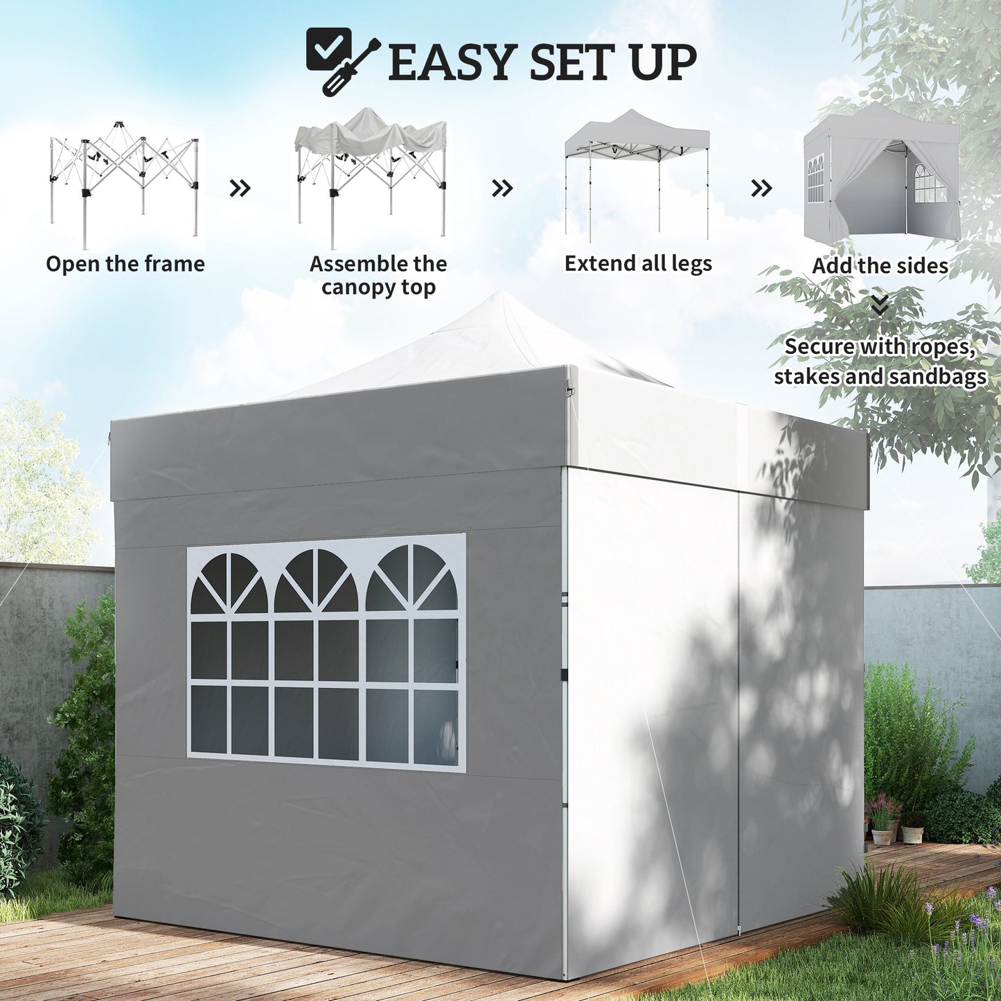 3x3m Heavy-Duty Peak-Top Pop-Up Gazebo | 420D UPF50+ Oxford Fabric | 4 Removable Sidewalls | Zipper Door & Windows | 3-Height Adjustment | 8 Drainage Holes | 4 Sandbags, 4 Guy Ropes & 8 Stakes | Wheeled Carry Bag | Silver Grey