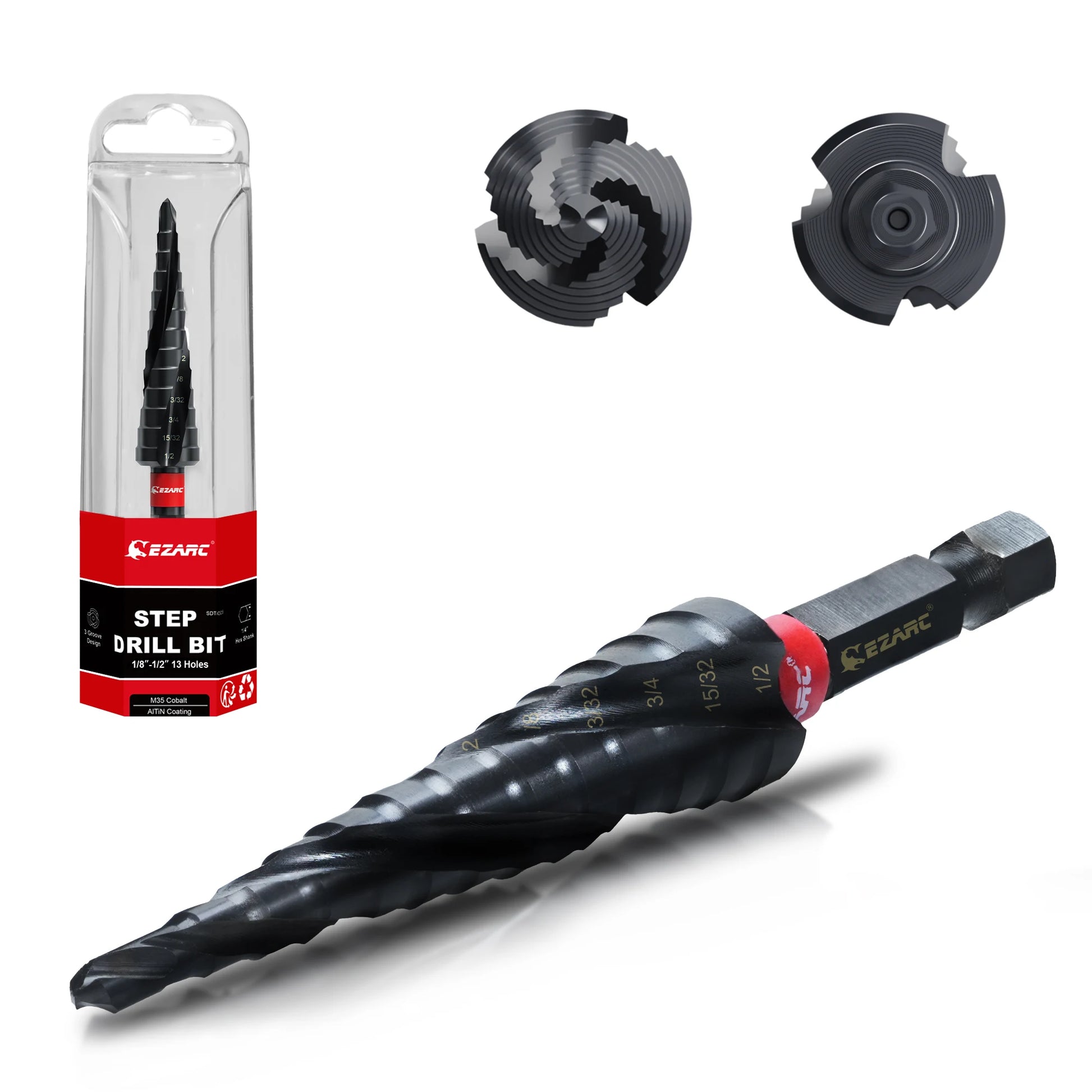 EZARC Step Drill Bit for Metal, 1/8''-1/2'' Spiral Flute Step Drill Bit 1PC, Wear-Resistant Altin Coated for Metalworking