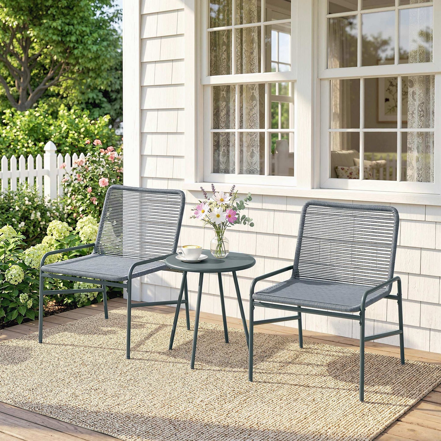 3-Piece Rattan Bistro Set | 2 Chairs & Round Table | Adjustable Feet | 120kg | Galvanised Steel | Dark Grey