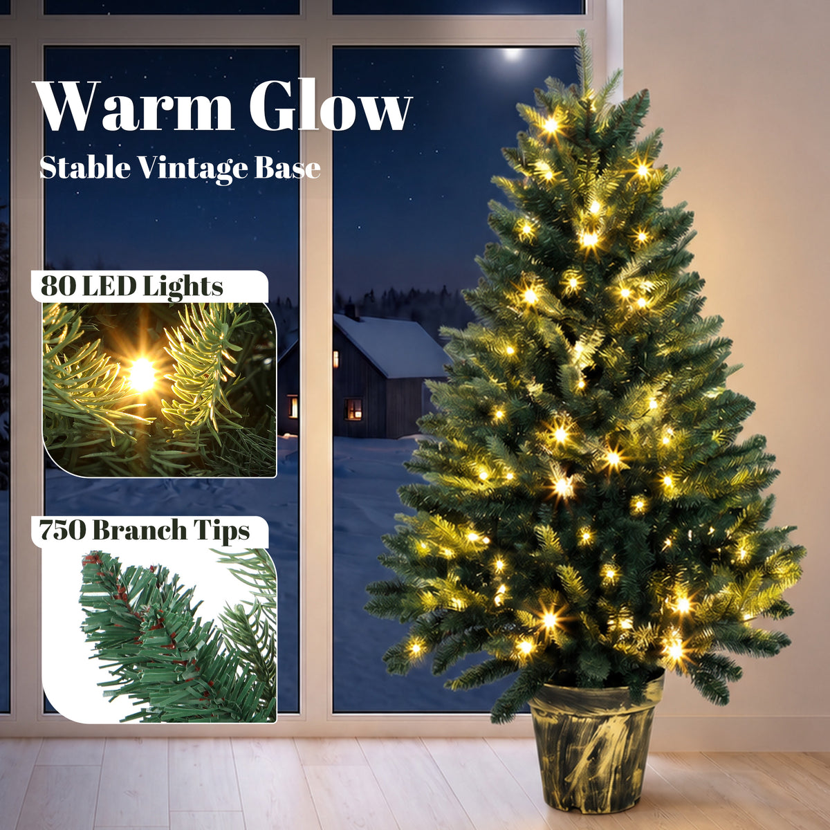 4ft Pre-Lit Artificial Christmas Tree | 750 PE & PVC Branch Tips | 80 Warm White LED Lights | Flame-Retardant | Metal Pole & Decorative Pot Base | 30–40 Min Setup | Φ62x120cm | Indoor | Green