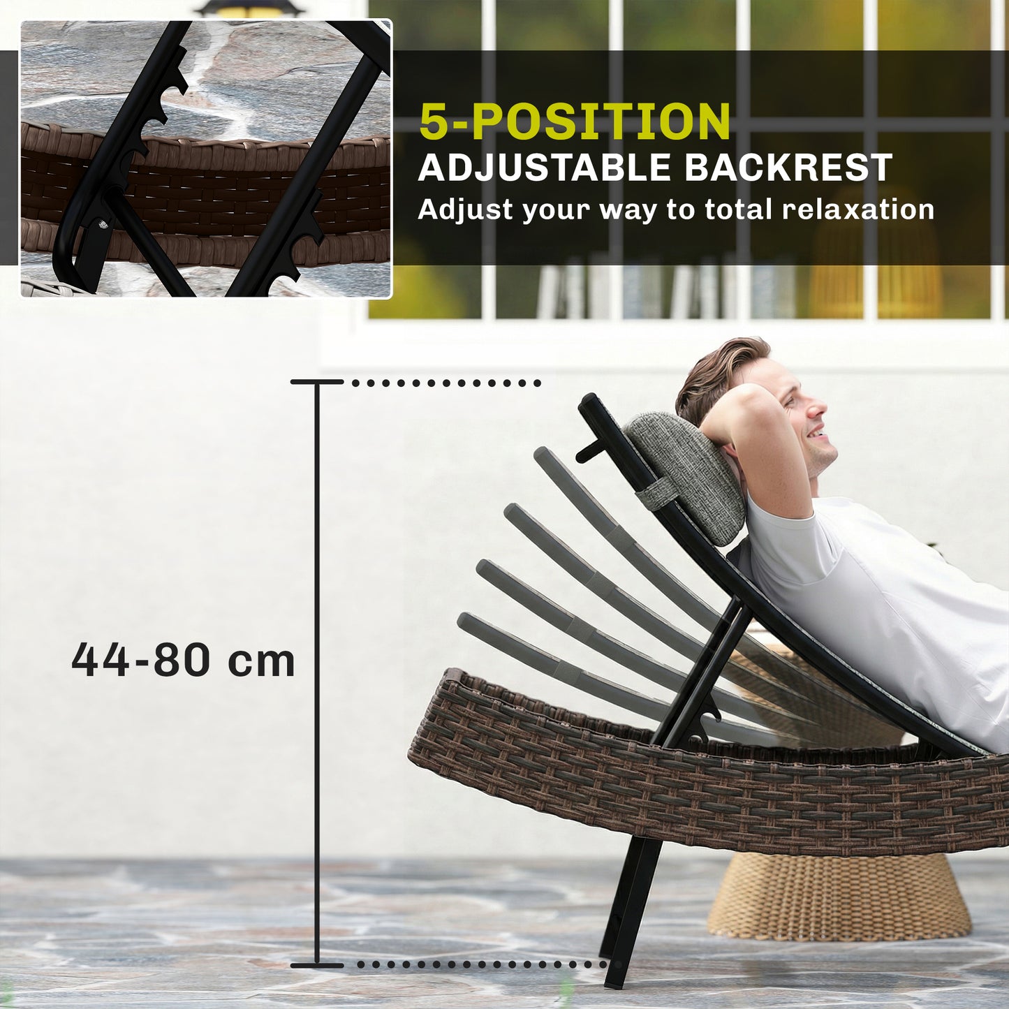 Rattan Sun Lounger | S-Curve Ergonomic Texteline Seat | 5 Position Adjustable Backrest | Headrest | All-Weather PE Rattan | Powder-Coated Frame | 198x60x44cm | 120kg | Brown