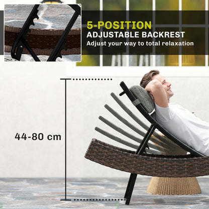 Rattan Sun Lounger | S-Curve Ergonomic Texteline Seat | 5 Position Adjustable Backrest | Headrest | All-Weather PE Rattan | Powder-Coated Frame | 198x60x44cm | 120kg | Brown