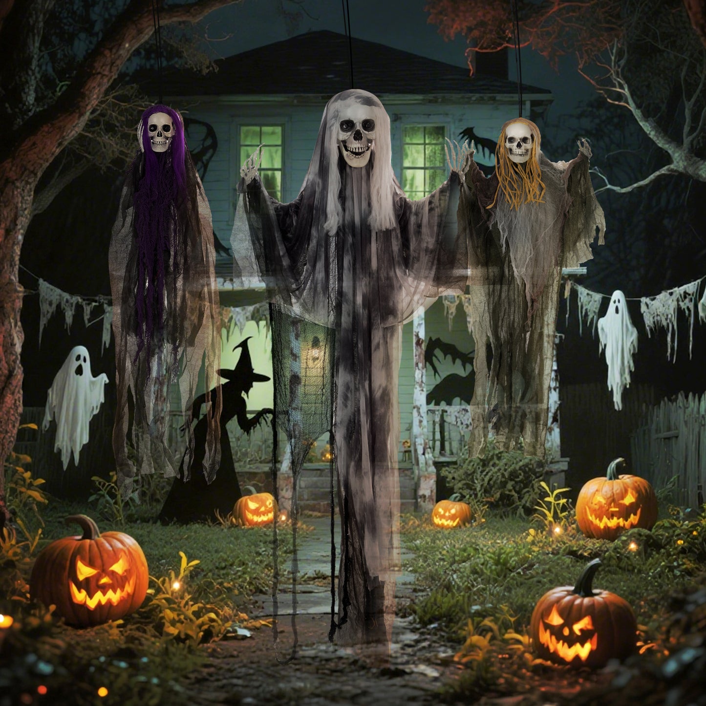 Set of 3 Hanging Skeleton Halloween Decorations, Scary Flying Ghost for Garden, Party, 90/110/170cm