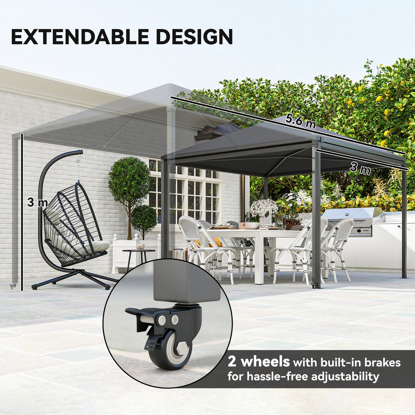Outsunny 3 x 3 or 3 x 6m Garden Gazebo with Extendable Awning and Wheels, UPF30+ Outdoor Metal Gazebo Canopy Shelter for BBQ, Event, Party